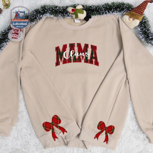 Mama Mimi Custom Text Caro Pattern Appliqu Embroidered Sweatshirt, Mama Clause Christmas Sweaters, Custom Text Bow Side Cut Sweaters