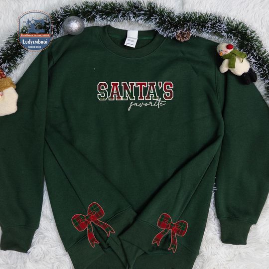 Custom Text Caro Appliqu Embroidered Sweatshirt, Santa's Favorite Appliqu Style Embroidered Sweaters, Bow Side Cut Sweaters