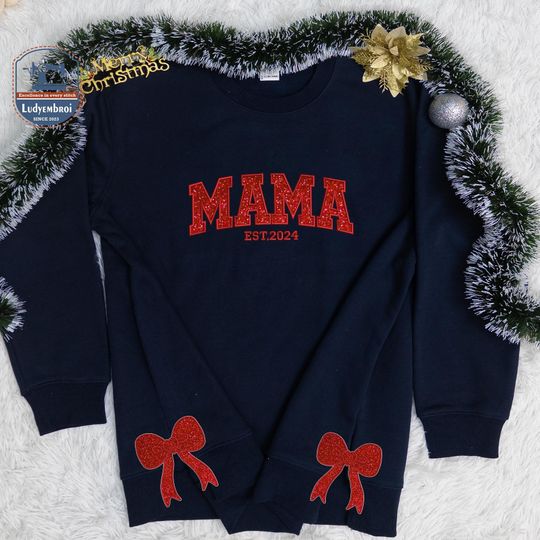 Mama Appliqu Style Embroidered Sweaters, Mama Glitter Pattern Appliqu Embroidered Sweatshirt, Custom Text Bow Side Cut Sweaters