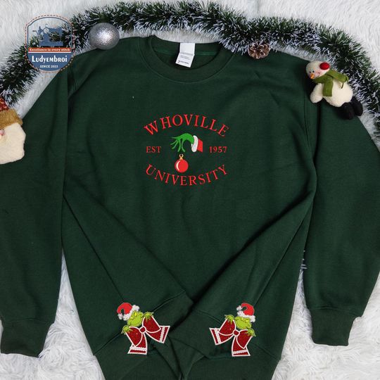 Green Monster Bow Appliqu Embroidered Sweatshirt, Christmas Embroidered Sweaters, Christmas Monster Embroidered Shirt, Christmas Gift