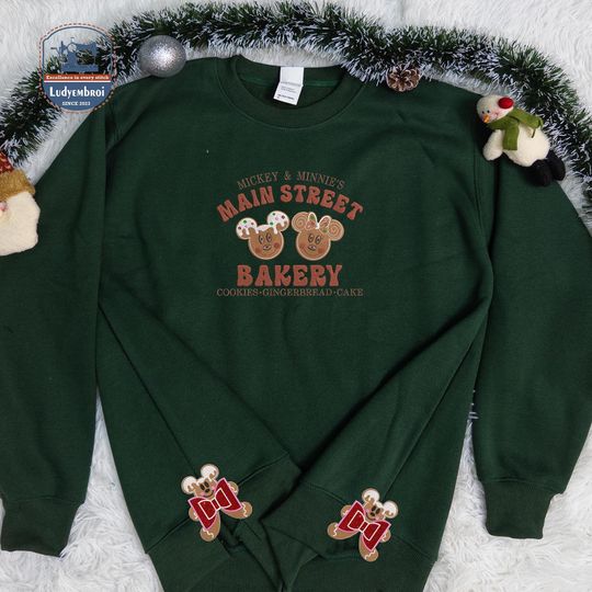 Main Street Bakery Christmas Embroidered Shirt, Gingerbread Bow Appliqu Side Cut Sweatshirt, Couple Mouse Cartoon Ginger Bread Jumper