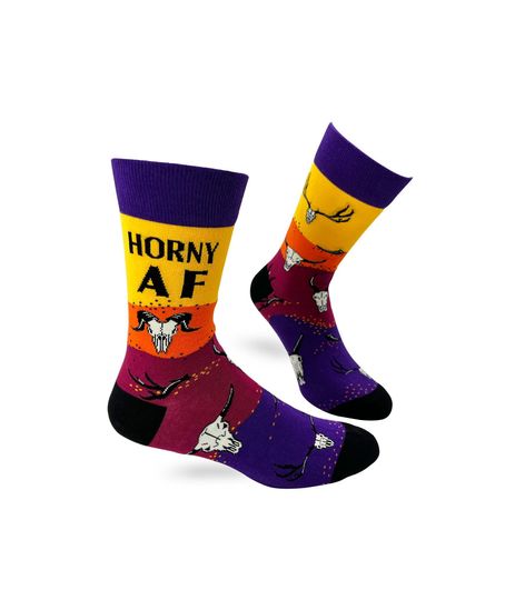 Horny AF Men's Novelty Crew Socks | Swear Word Socks | Funny Phrases Socks for Men | Funny Gift for Him | Inappropriate Rude Socks