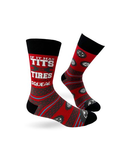 If It Has Tits Or Tires I Can Make It Squeal Men's Novelty Crew Socks  | Funny Phrases Socks for Men | Car Guy Gift for Him | Mechanic gift