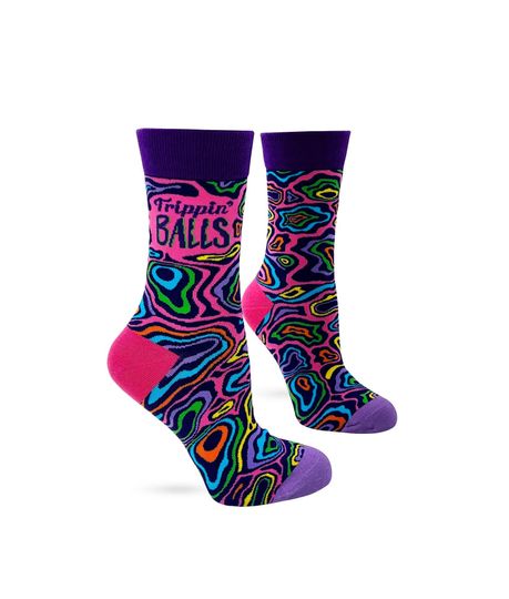 Trippin' Balls Women's Crew Socks | Cute Stoner Socks | Great 4:20 gift Featuring a Chilling Groovy Cat Smoking a Doobie