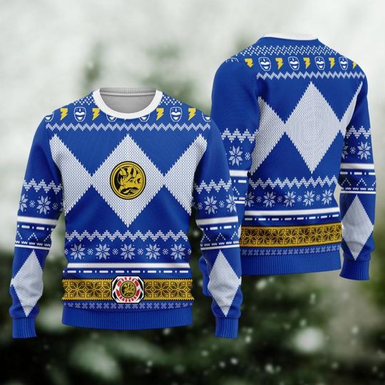 Merry Christmas Unisex Christmas Sweater, Blue Power Ranger Ugly Christmas Sweater, Mighty Morphin Sweater Men, Superhero Christmas Shi