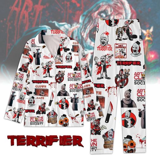 Terrifier Movie Pajamas Set, Horror Characters Shirt, Art The Clown Pj Set, Evil Clown Holiday Pajamas, Vintage Spooky Season Pyjamas