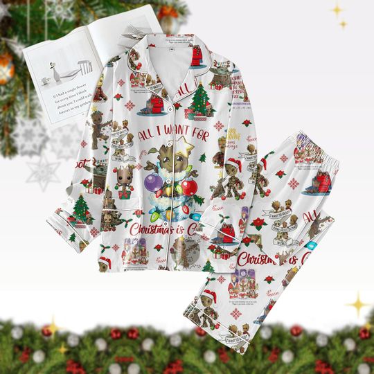 Christmas Groot Pajamas, Groot Xmas Lights Shirt, Groot Galaxy Santa Hat Pj Set, Disney Cartoon Xmas Pajamas Women, Magic Kingdom Gift