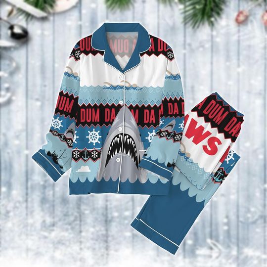 Christmas Jaws Matching Pajamas Set, Shark Christmas Shirt, Black Boat Holiday Pajamas, Vintage 70S Movie Pajamas Family, Xmas Gift
