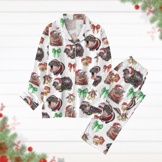 Christmas Moo Deng Pajamas, Long Sleeve Pyjamas, Cute Baby Hippo Shirt, Baby Pygmy Hippo Holiday Pajamas, Animal Lover Gifts, Pj Set