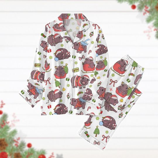 Moo Deng Pajamas Set, Cute Baby Hippo Shirt, Baby Pygmy Hippo Holiday Pajamas, Animal Lover Gifts, Xmas Party Pjs, Long Sleeve Pyjamas