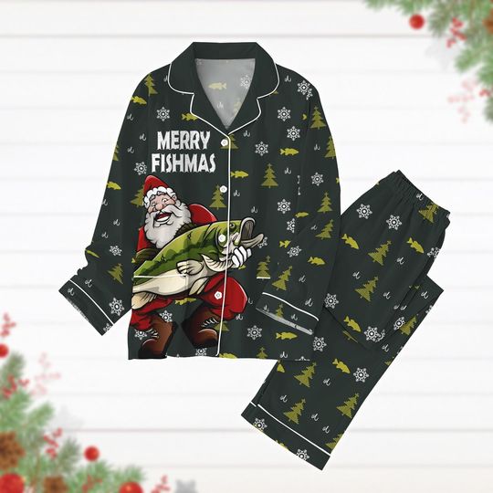 Christmas Santa Merry Fishmas Pajamas Set, Fishing Xmas Shirt, Holiday Pajamas, Long Sleeve Pyjamas, Christmas Gift, Set Of Pajamas