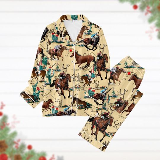 Horse Pajamas Set, Cowboy Pyjamas, Gift For Horse Lovers, Horse Racing Long Sleeve Pajamas, Animal Pajamas Pants, Horse Pj Set