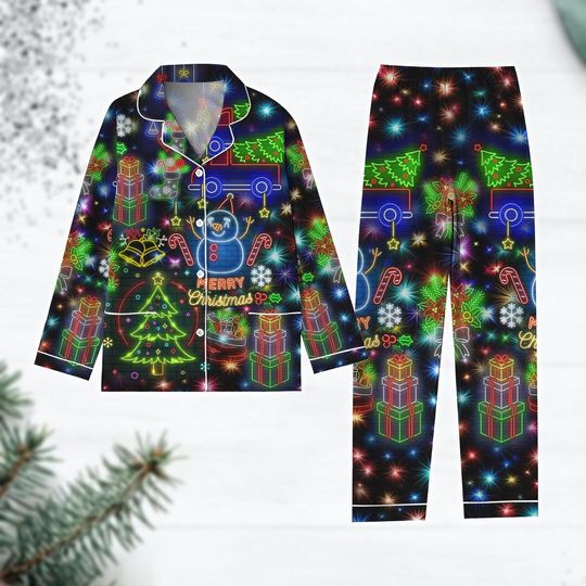 Christmas Bright Neon Lighting Pajamas, Neon Lighting Pajamas Set, Snowman Merry Christmas Women Pajamas, Christmas Tree Shirt