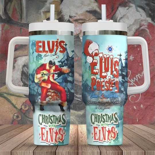 Christmas Elvis Presley 40oz Tumbler, Santa Claus Tumbler Cup, Rock And Roll Stainless Tumbler, Vintage Elvis Xmas Tumbler Gifts