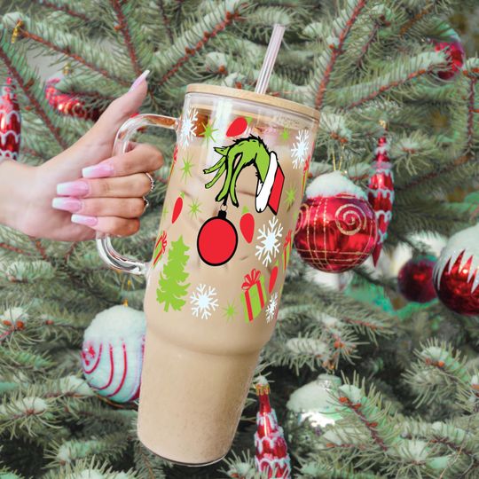 Christmas Cute Glass Cup, Winter Iced Coffee Glass Holiday Season Gift, Christmas Themed Gift for Women Xmas Cup Glass Tumbler