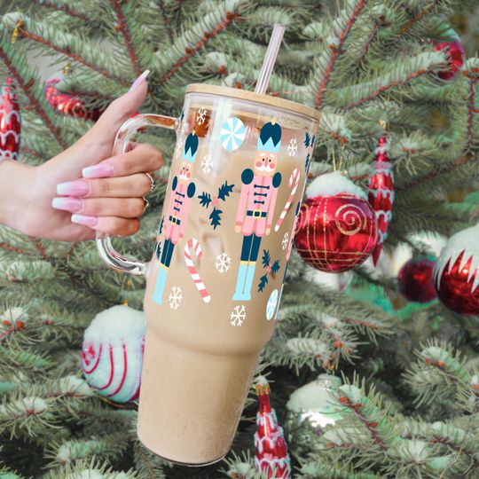 Christmas Nutcracker 40oz Glass Tumbler with Lid and Straw, Cute Winter Iced Coffee Glass, Christmas Themed Holiday Season Gift for Women