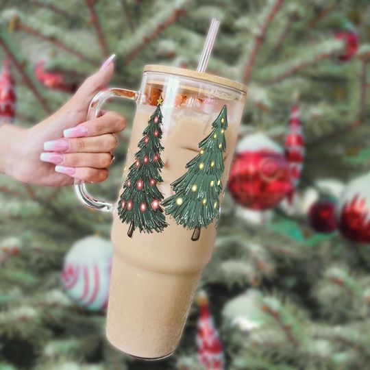 Sip Sip Hooray Cute Christmas Tree Glass Cup With Lid and Straw, Christmas 40oz Sipper Glass Tumbler, Iced Coffee Cup, Holiday Mug Gift