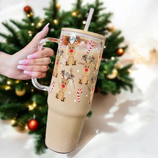 Reindeer Christmas Glass Tumbler Sipper Glass Cups, 40oz Christmas Glass Cup With Lid and Straw, Holiday Iced Coffee Cup Mug Gift