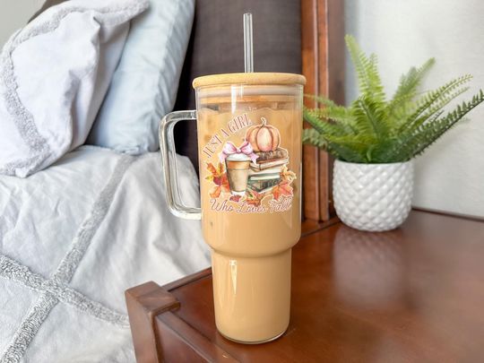 Sip Sip Hooray Just a Girl Who Loves Fall Glass Cup with Lid and Straw, Cute Iced Coffee Glass Pumpkin Season Gift, Autumn Themed Tumbler