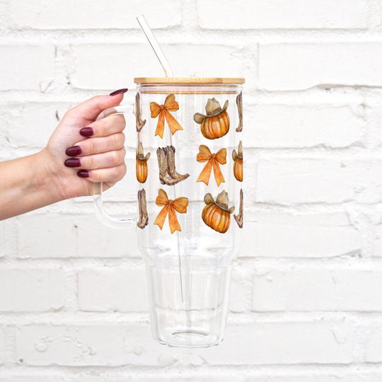 Sip Sip Hooray Western Coquette Glass Cup with Lid and Straw, Cute Fall Iced Coffee Glass Pumpkin Season Gift, Autumn Themed Glass Tumbler
