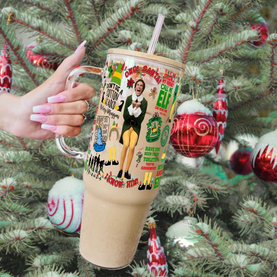 Elf Christmas Glass Tumbler Sipper Glass Cups, 40oz Glass Cup With Lid and Straw, Iced Coffee Cup, Movie Lover Gift Christmas Mug