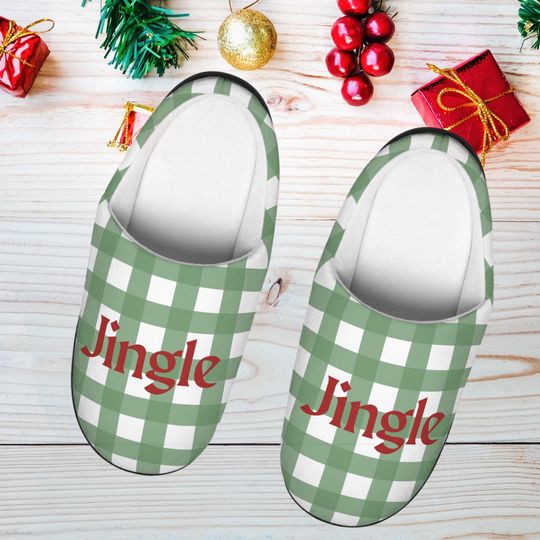 Christmas Women's Slippers, Christmas Green Plaid Jingle Slippers, Holiday Indoor Footwear, Festive House Shoes