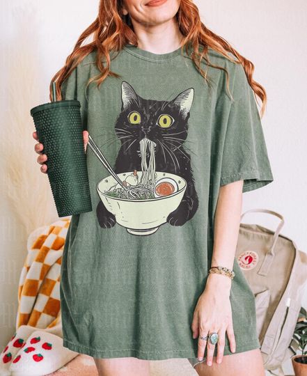 Comfort Colors Ramen Cat T-Shirt | Cat Lover | Black Cat Shirt | Kawaii Tees | Anime Cat Shirt | Japanese Shirt | Foodies Shirt | Kitty Tee