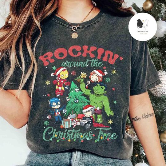 Marvel Friends Christmas T-shirt, Rockin's Around The Christmas Tree, Team Avengers Xmas shirt, Christmas Marvel Superhero shirt, Xmas Party