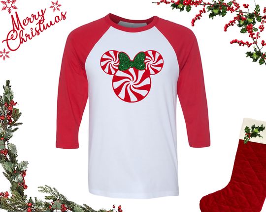 Discover Disney Christmas Shirt | Mickey Mouse and Minnie Mouse Candy Cane w/Green Glitter Bow | 3/4 Sleeve Baseball Tee