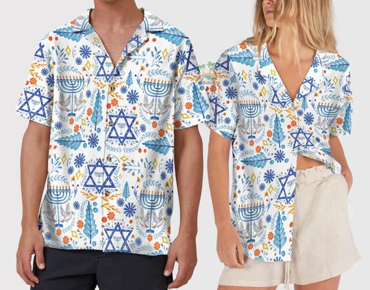 Happy Hanukkah Menorah Hawaiian Shirt, Jewish Button Up Shirt, Holiday Hanukkah Shirt, Jewish Holiday Gift, Religious Shirt for Jewish