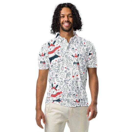 Funny Christmas Mens Slim Fit Polo Shirt, Bunny Graphic Print, Casual Polo for Men Shirt, Short Sleeve Polo