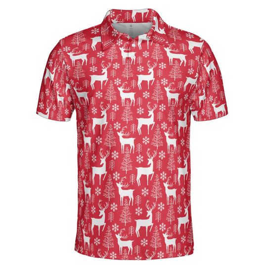 Men's Red Christmas Polo Festive Reindeer Moisture Wicking Short Sleeve Golf Shirt, Gifts for Men, Dad Gift, Men Polo, Holiday Gift