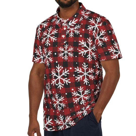 Red Plaid Polo Shirt Christmas Polo Shirt Snowflake Polo Shirt Unisex Short Sleeve Polo Shirt