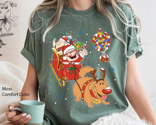 Funny Disney Christmas Carl Santa Russell Dug Dog Reindeer Shirt, Disney Up T-shirt, Xmas Party Tee, Disneyland Family Trip Matching 2024