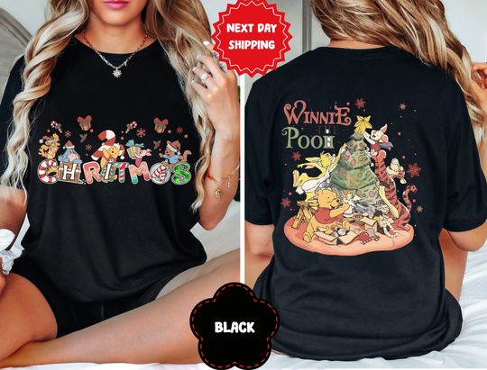 2-Sided Winnie The Pooh And Friends Christmas Shirt, Pooh, Tigger, Piglet Xmas Costume Tshirt, Mickey Very Merry Xmas, WDW Disneyland Trip
