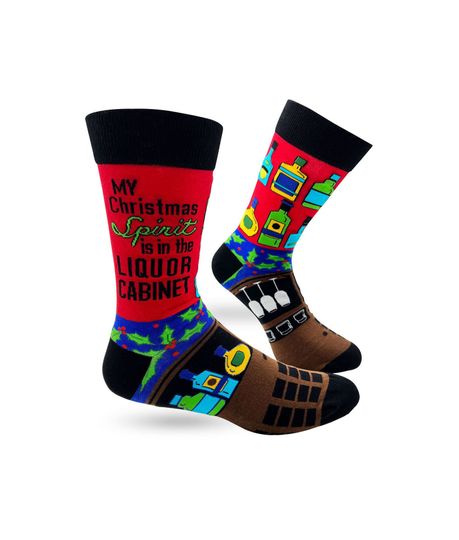 My Christmas Spirit is in the Liquor Cabinet Men's Novelty Crew Socks | Funny Men's Christmas Socks