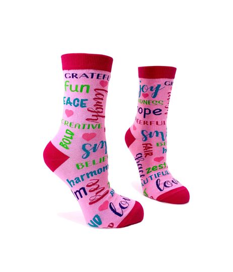 Positivity Words Ladies' Novelty Socks, Happy, Beautiful, Empowered, Love Kindness, Bold, Free, Laugh, Grace, Peace, Creative, Believe Smile