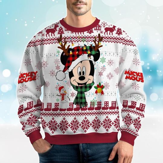 Mickey Christmas Ugly Sweater, Mickey Santa Hat Ugly Sweater, Disney Rudolph Holiday Sweater, Christmas Party Sweatshirt, Gift For Son