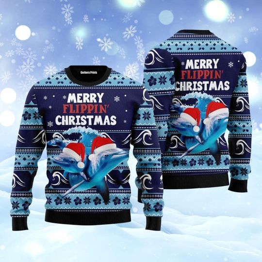 Dolphin Flippin' Christmas Ugly Sweater, Ocean Holiday Sweater, Santa Hat Xmas Sweatshirt, Merry Christmas Shirt, Gift For Dad