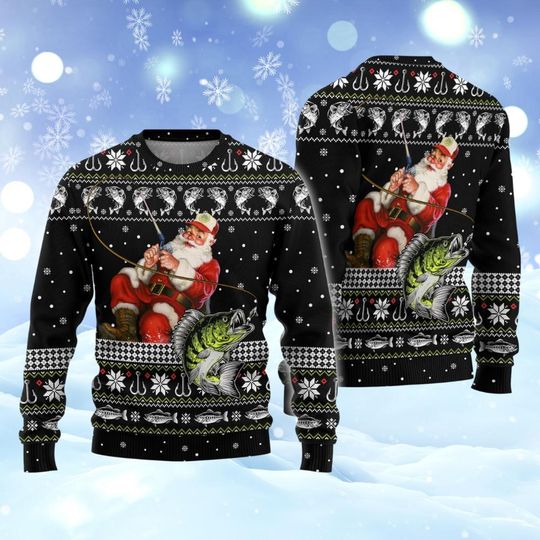 Santa Claus Fishing Ugly Christmas Sweater, Fishing Ugly Sweater, Merry Fishmas Holiday Sweatshirt, Christmas Party Shirt, Gift For Dad