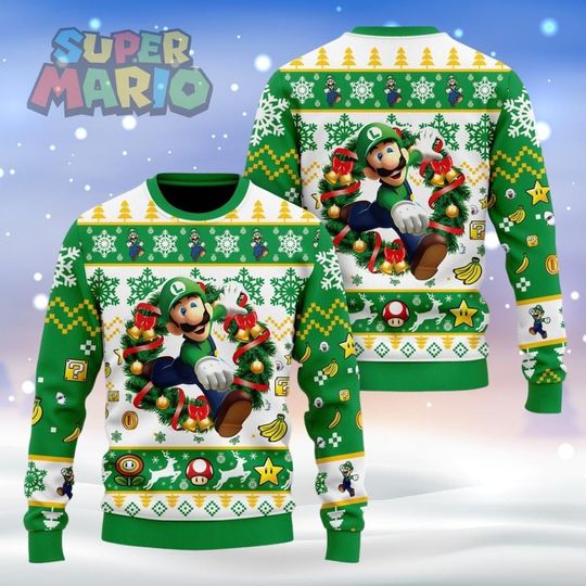 Super Mario Luigi Ugly Christmas Sweater, Luigi Holiday Sweater, Super Mario Sweater, Super Mario Shirt, Luigi Xmas Sweater