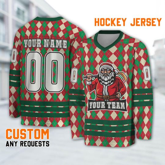 Custom Christmas Checkered Pattern Red Green and Beige Hockey Jersey, Santa Claus Hockey Ice, Xmas Sports Shirt, Custom Name Uniform