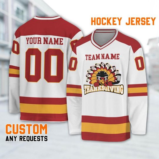 Customized hockey jersey thanksgiving Turkey logo white basic, Team Thanksgiving Sports Jersey, Funny Custom Name Turkey Hockey