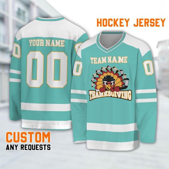 Customized hockey jersey thanksgiving Turkey Gravy logo aqua blue basic, Team Thanksgiving Sports Jersey, Custom Name Turkey Hockey
