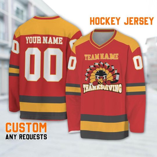 Customized hockey jersey thanksgiving Turkey logo red basic, Team Thanksgiving Sports Jersey, Funny Custom Name Turkey Hockey