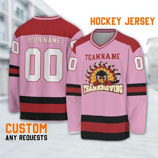 Customized hockey jersey thanksgiving Turkey logo pink basic, Team Thanksgiving Sports Jersey, Funny Custom Name Turkey Hockey