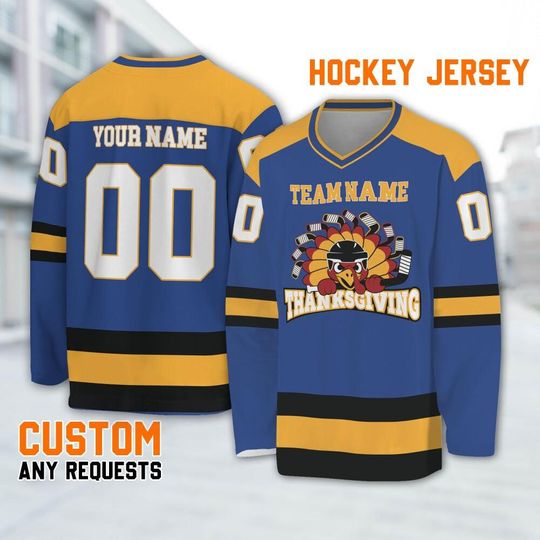 Customized hockey jersey thanksgiving Turkey logo blue basic, Team Thanksgiving Sports Jersey, Funny Custom Name Turkey Hockey