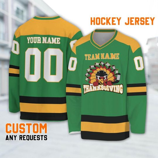 Customized hockey jersey thanksgiving Turkey logo green basic, Team Thanksgiving Sports Jersey, Funny Custom Name Turkey Hockey