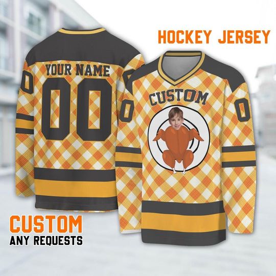 Customized funny Turkey Gravy hockey jersey thanksgiving pattern yellow, Turkey Face Hockey, Thanksgiving Holiday Sports jersey Team