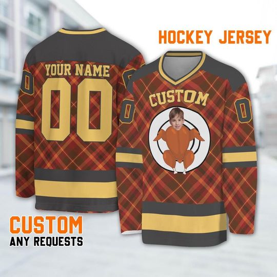 Customized funny Turkey Gravy hockey jersey thanksgiving pattern red, Turkey Face Hockey, Thanksgiving Holiday Sports jersey Team
